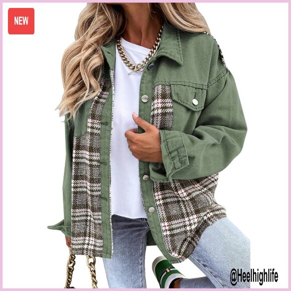 Oversized Denim Shacket with Plaid Detail Two Pockets Button Front